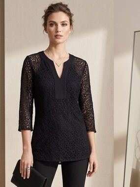 Black All-Over Sheer Lace Tunic Top 3/4 Sleeve Split Neck